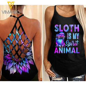 Sloth Sunflower Hippie Criss-Cross Open Back Camisole Tank Top
