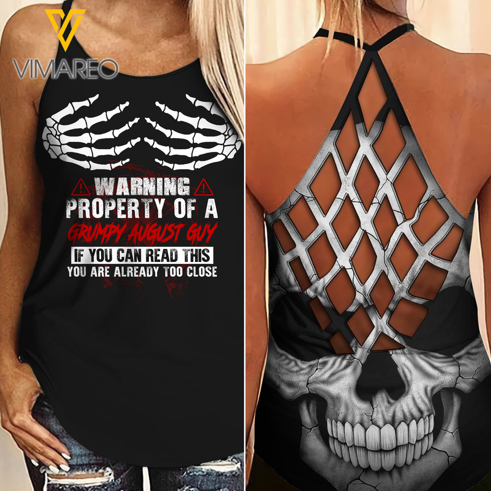 Warning property of a grumpy August guy Criss-Cross Open Back Camisole Tank Top Legging