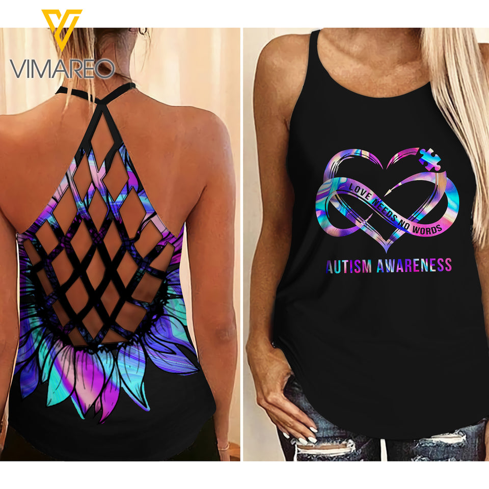 AUTISM AWARENESS TIE DYE SUNFLOWER CRISS-CROSS TANK TOP