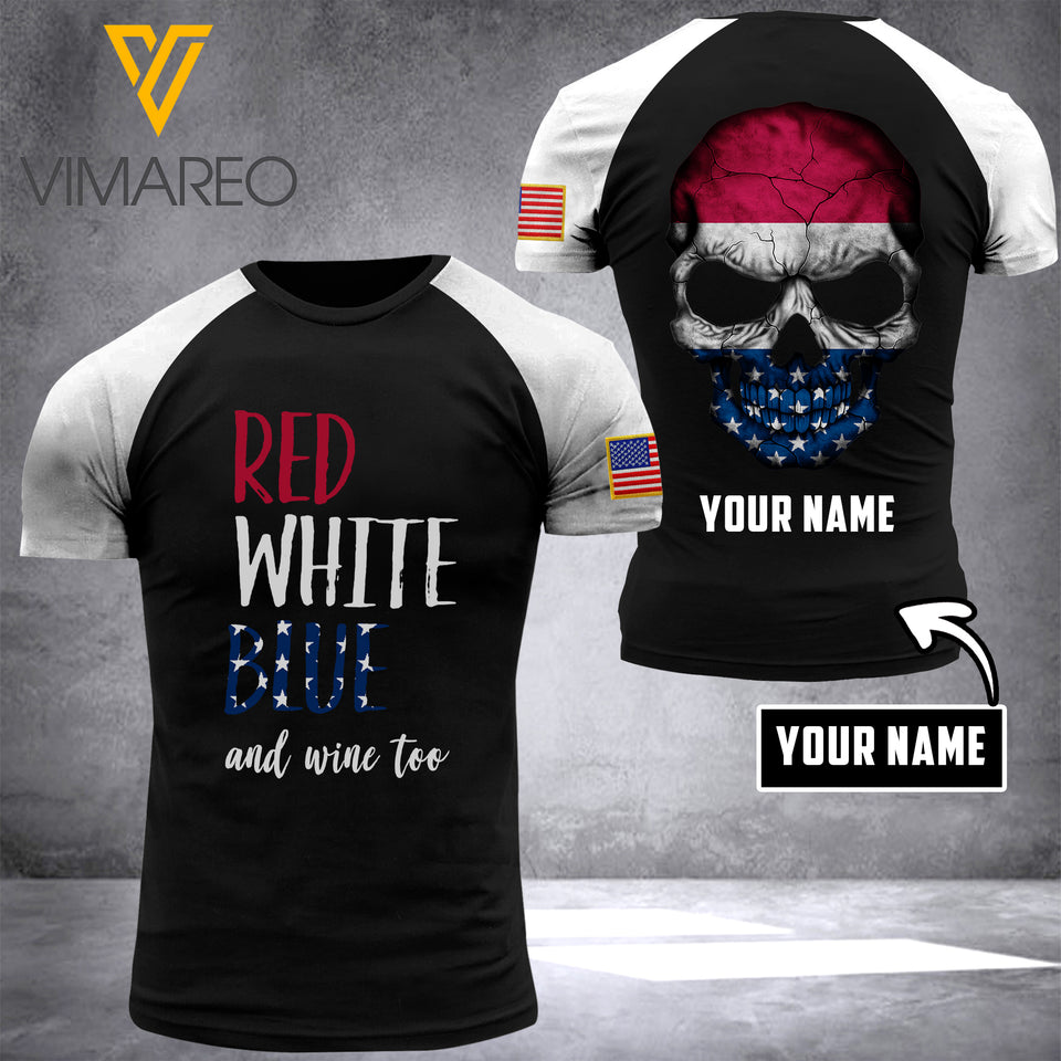 RED WHITE BLUE WINE T SHIRT 3D PRINTED SKULL