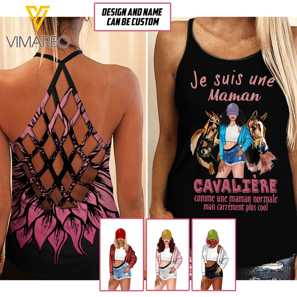 JE SUIS UNE MAMAN CAVALTERE HORSE PERSONALIZED CRISS CROSS TANK SUNFLOWER