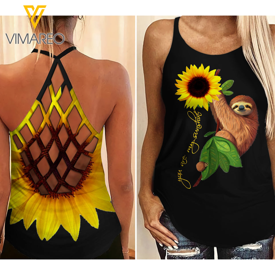 Sloth Sunflower Criss-Cross Open Back Camisole Tank Top