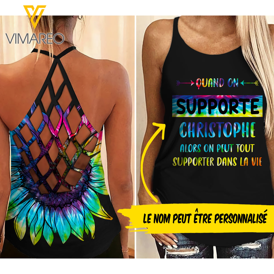 CUSTOMIZED FRENCH GIRL TIE DYE SUNFLOWER CRISS-CROSS TANK TOP