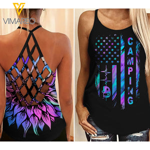 CAMPING GIRL CRISS-CROSS TANK TOP SUNFLOWER OR CAMPFIRE