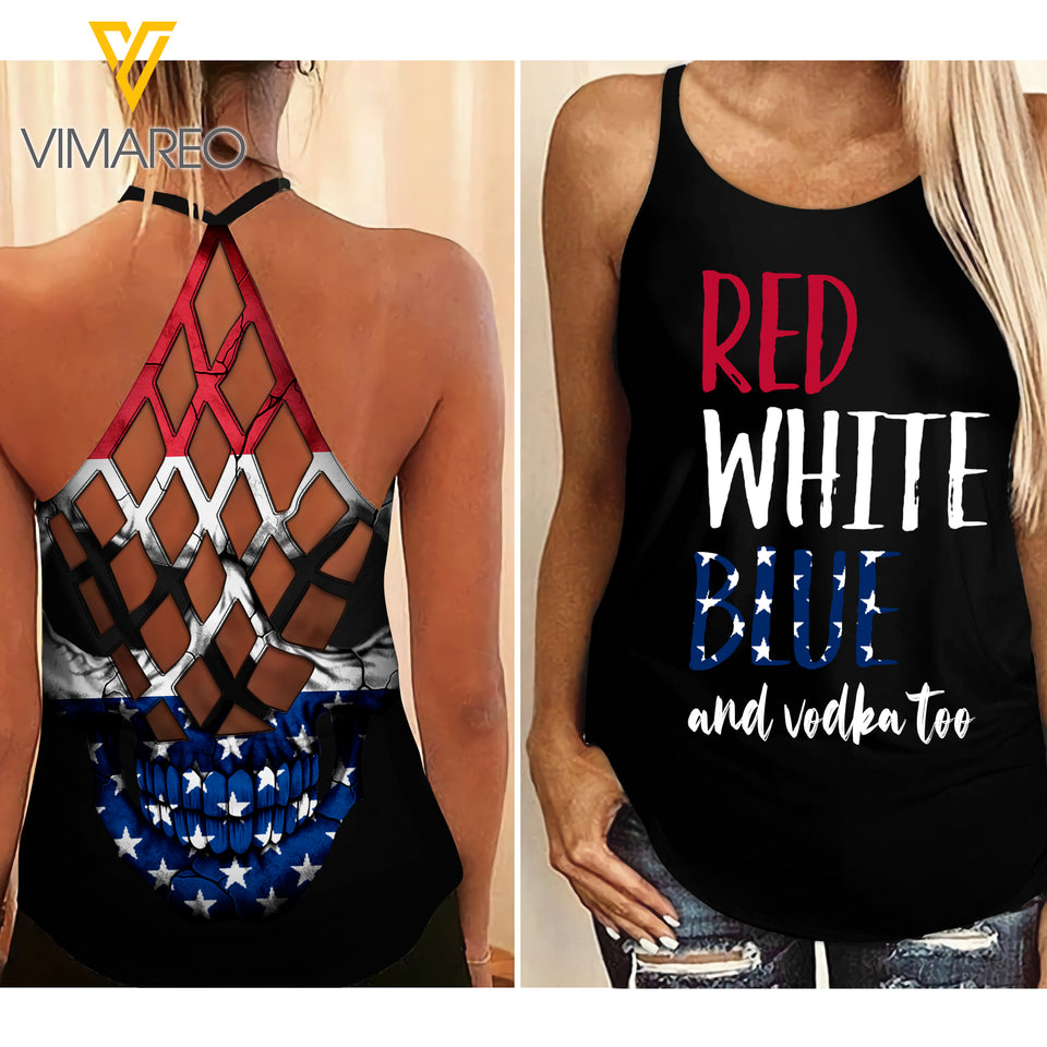KHMD RED WHITE BLUE AND VODKA Girl Criss-Cross Tank Top