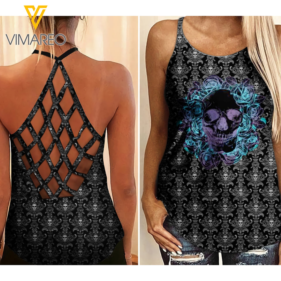 PHN Skull Girl Criss-Cross Open Back Camisole Tank Top Legging MAR-MD22 GD