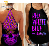 KHMD RED WHITE BLUE WHISKEY PU Girl Criss-Cross Tank Top 0504