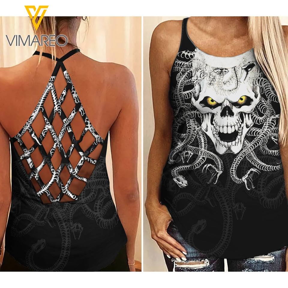 PHN Snake Skull Criss-Cross Open Back Camisole Tank Top Legging MAR-MD29