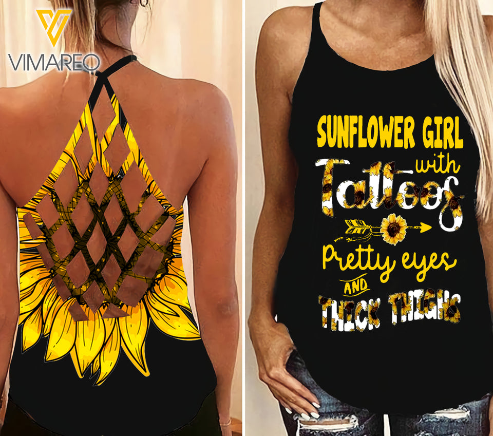 sunflower tattoos GIRL Criss-Cross Open Back Camisole Tank Top TMTL