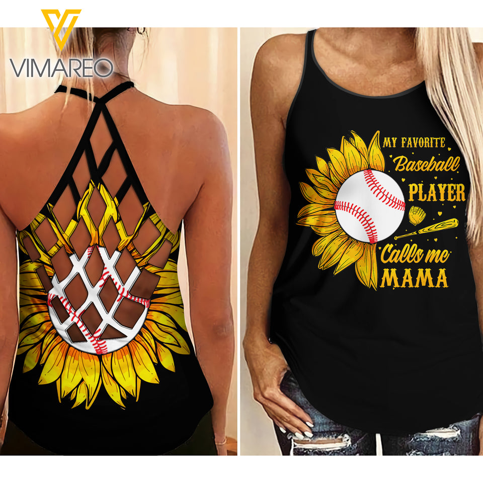 BASEBALL MAMA SUNFLOWER CRISS-CROSS TANK TOP