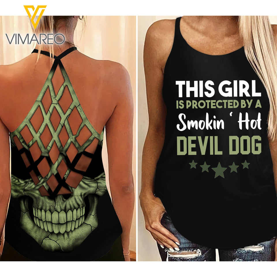 Protected by a smokin hot Devil Dog Criss-Cross Open Back Camisole Tank Top