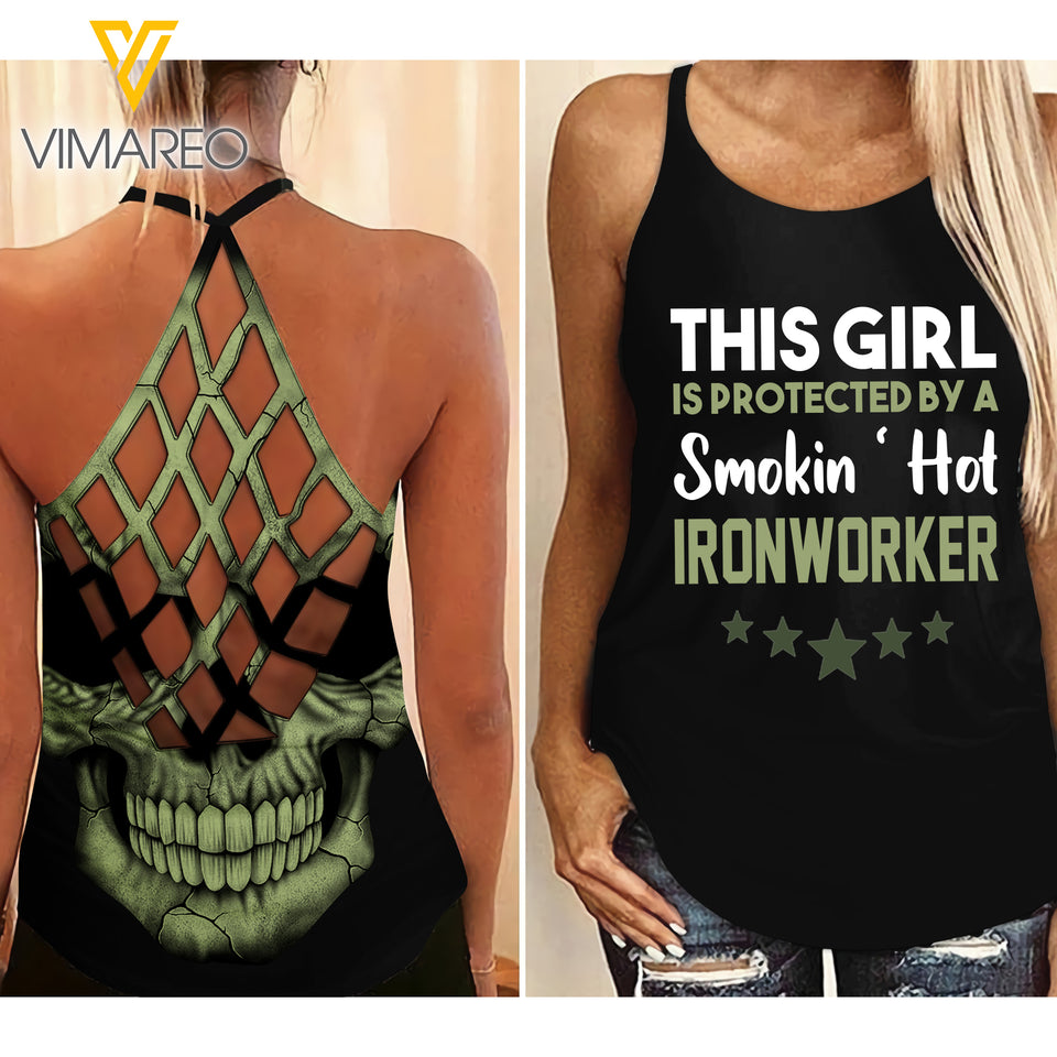 Protected by a smokin hot Ironworker Criss-Cross Open Back Camisole Tank Top