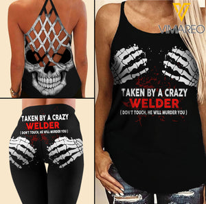 Taken by a crazy Welder Criss-Cross Open Back Camisole Tank Top Legging