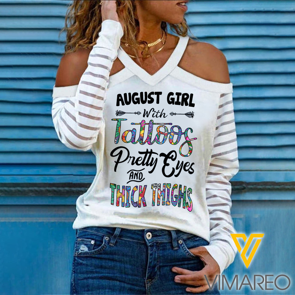 August Girl Floral Letter Cold Shoulder V Neck Long Sleeve Casual Daily T-shirts XCWJ