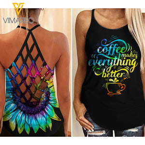 Coffee better Criss-Cross Open Back Camisole Tank Top QVSGE