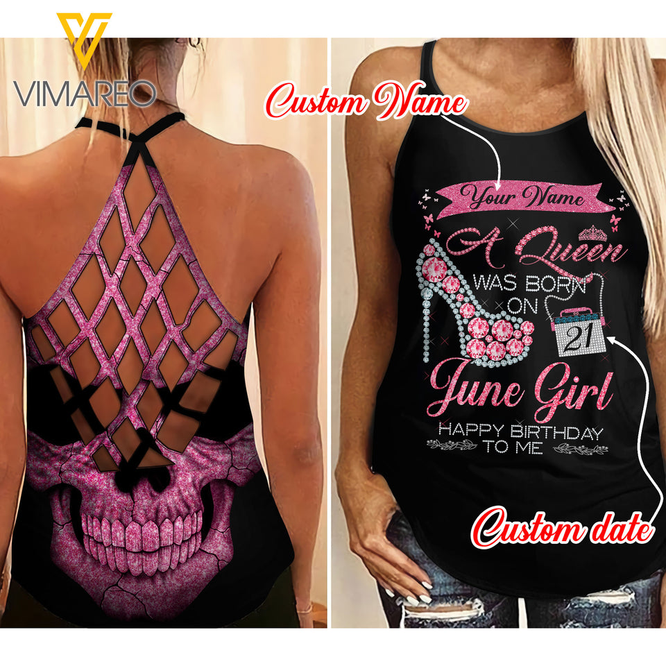 Personalized June Queen Criss-Cross Open Back Camisole Tank Top PEDJE