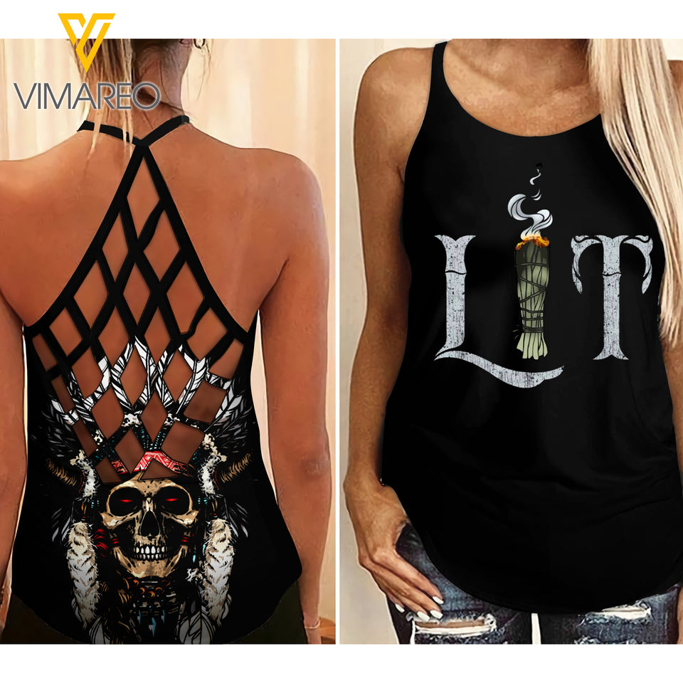 Native Woman Criss-Cross Open Back Camisole Tank Top DKKUE3